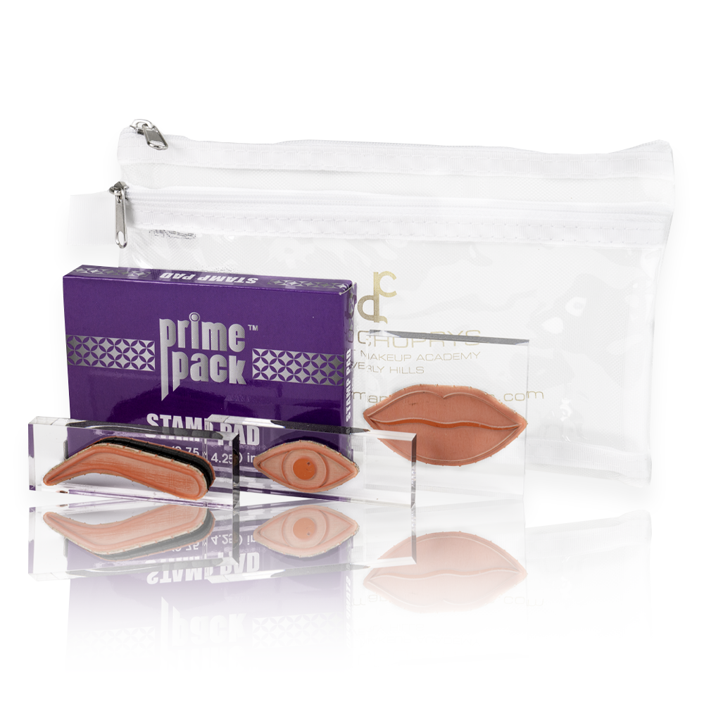 Stamp Kit for practicing permanent makeup techniques, includes eye, brow, and lip stamps and stamp pad